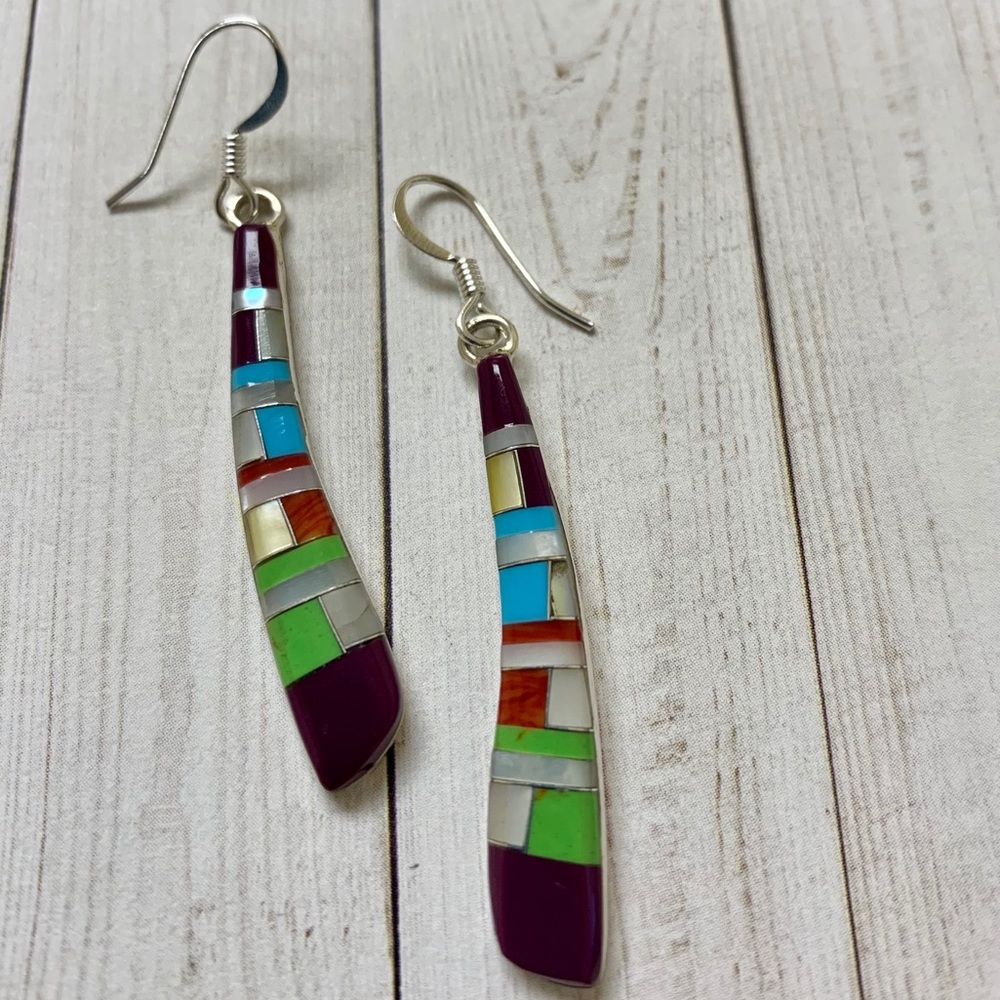 Vintage Turquoise Sterling Zuni Inlay Earrings